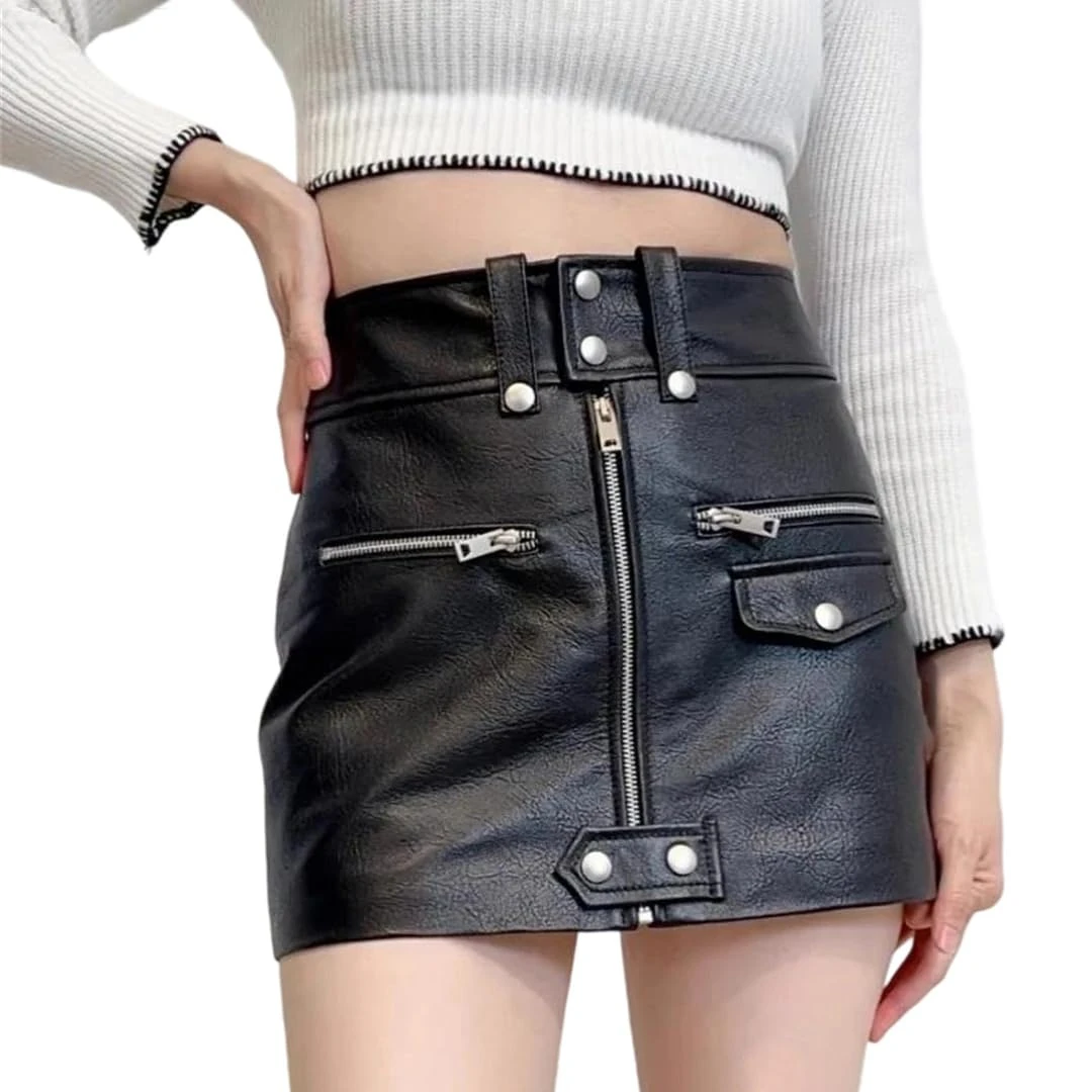 Women Genuine Leather Mini Skirt Sheepskin Zipper Wrap Skirt with Pockets Club Party Wear Black