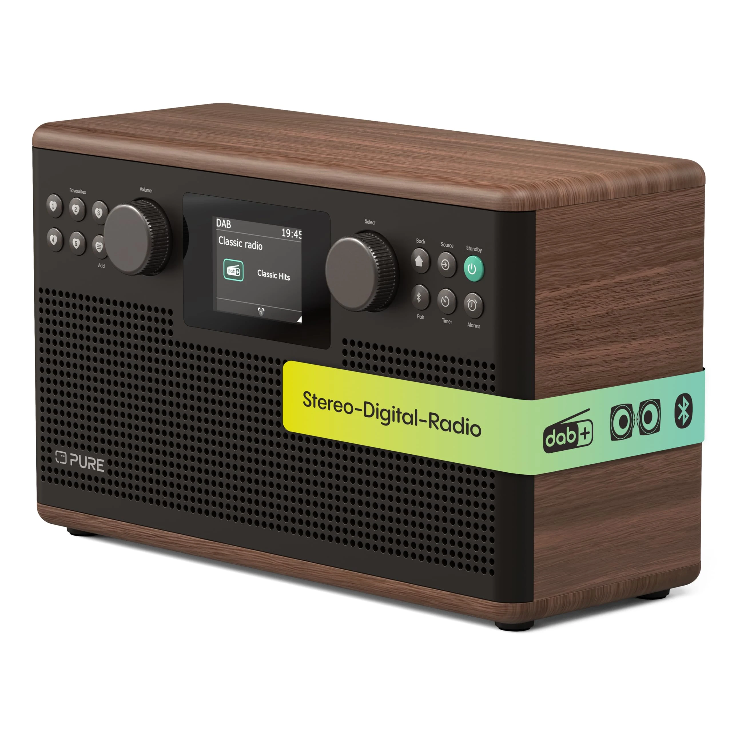 Pure Classic H6 Hi‑Fi Stereo Radio Tabletop Music System with DAB+ FM and Bluetooth 5 3 USB and AUX 2 4 inch Colour TFT Display Remote Dual Alarms Sleep and Kitchen Timers for – Coffee Brown/Walnut