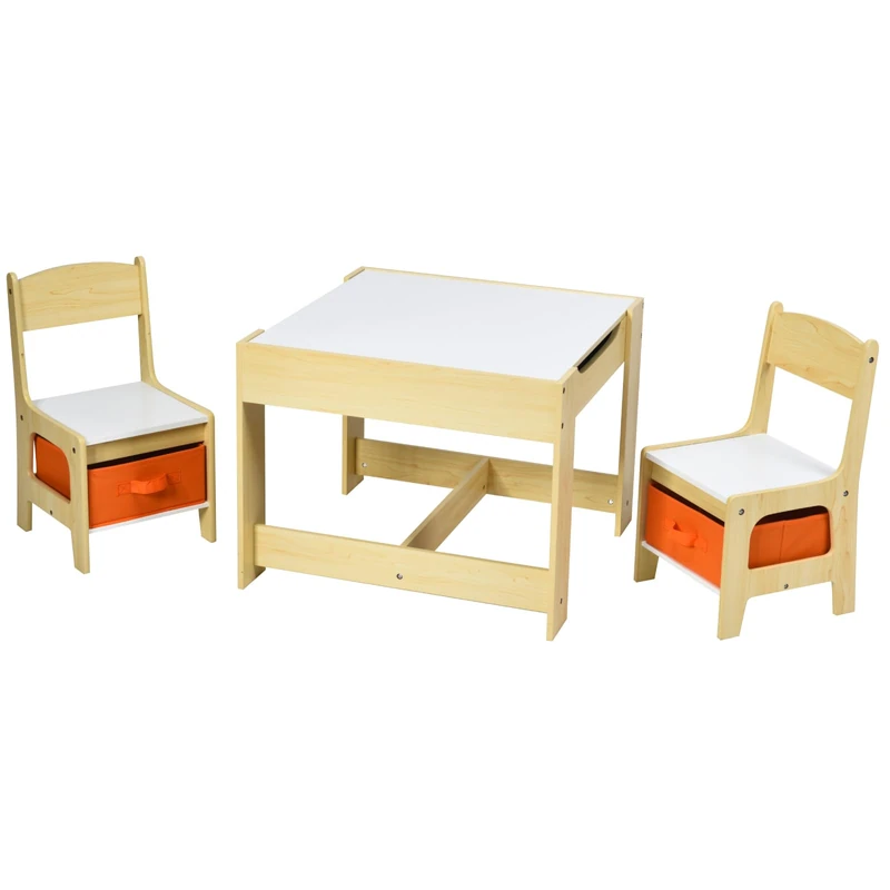 GYMAX Kids Table and Chair Set, Children Table with 2 Chairs, Detachable Double-Side Tabletop & Storage Drawers, 3 Pcs Toddler Furniture Set for Reading (Natural+White)