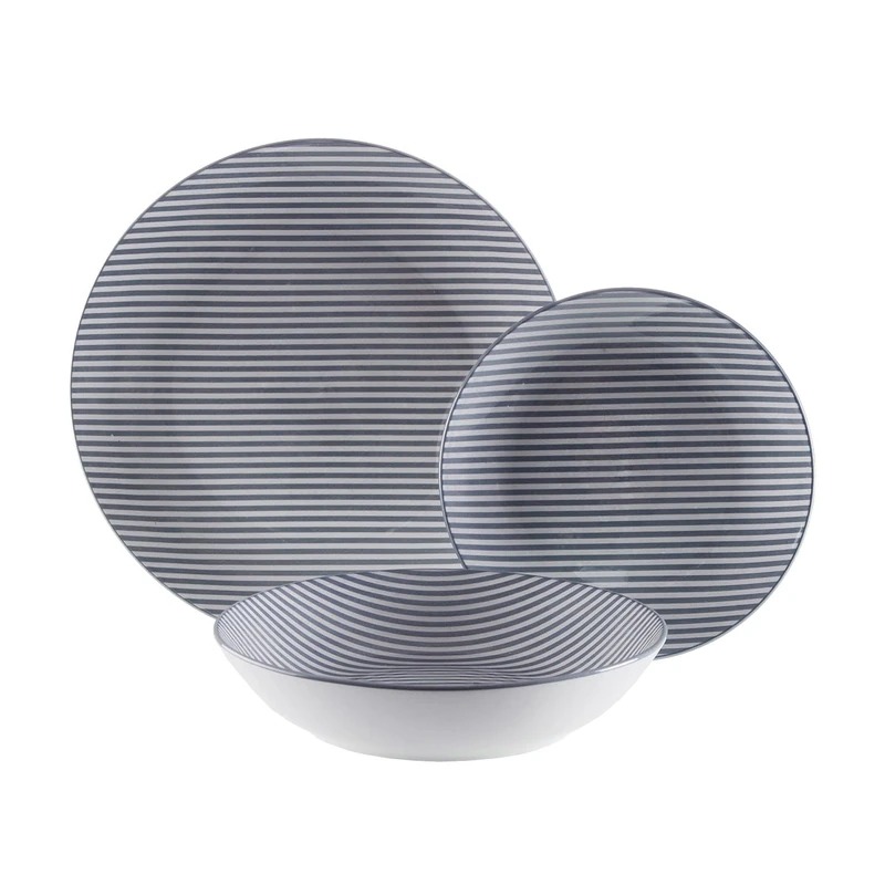 Versa 18-Piece Modern Striped Dinner Set, 3 x 26.5 x 26.5 cm, Porcelain, Blue