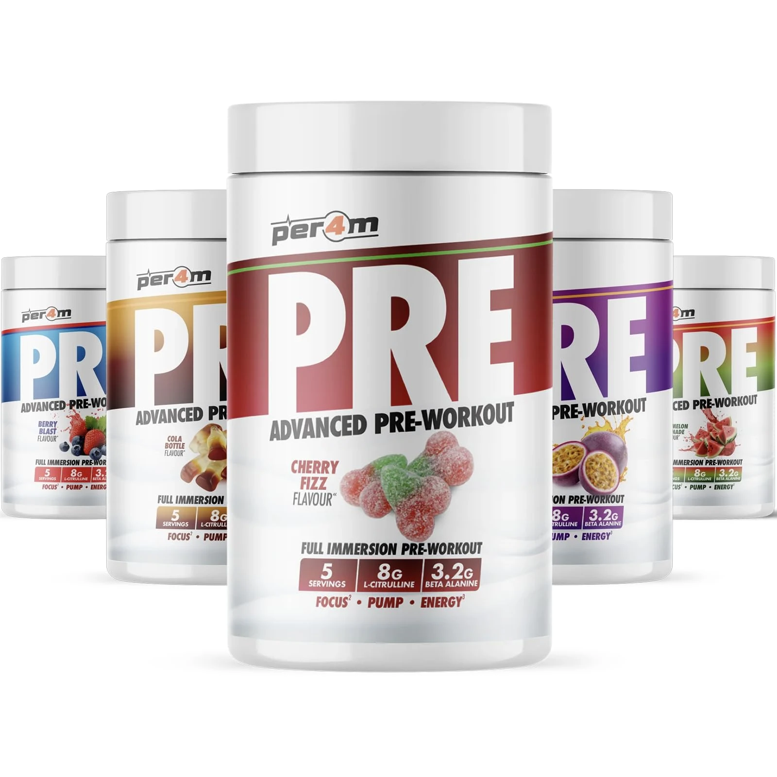 Per4m Pre Workout Powder 5 x 95g | Intense Pump, Sustained Energy and Mental Focus | with L-Citrulline, Beta Alanine & Caffeine with Added Hydration (Variety Selection)