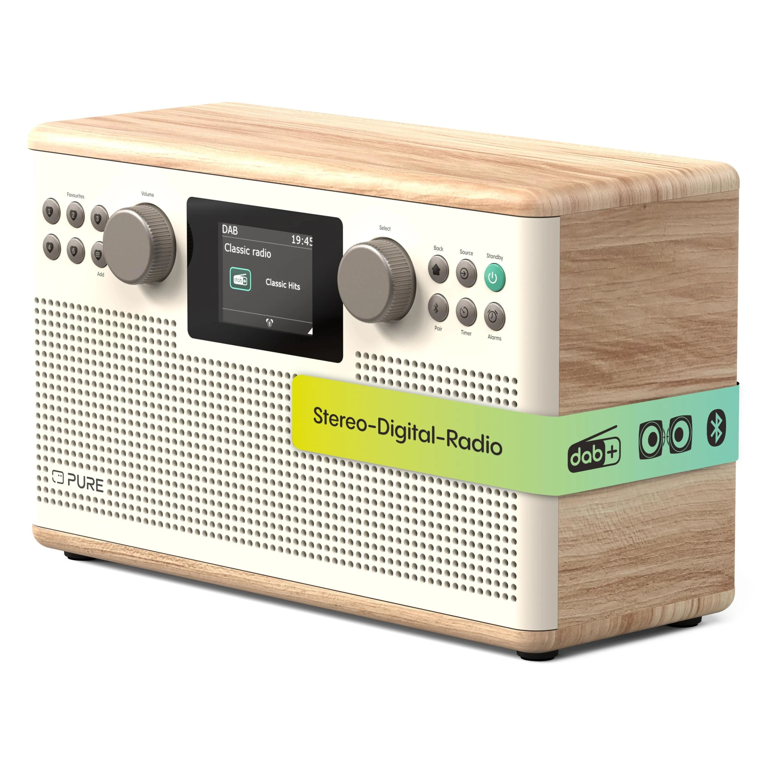 Pure Classic H6 Hi‑Fi Stereo Radio Tabletop Music System with DAB+ FM and Bluetooth 5 3 USB and AUX 2 4 inch Colour TFT Display Remote Dual Alarms Sleep and Kitchen Timers for – Cotton White/Oak