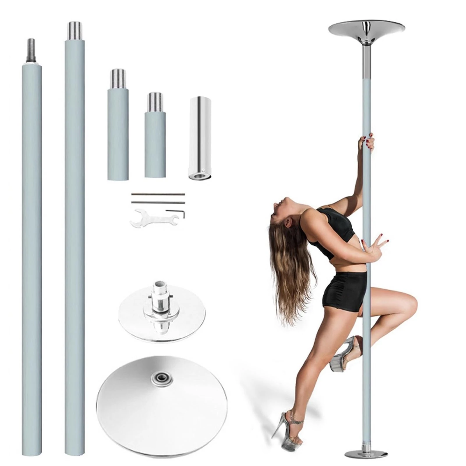 45 mm Stripper Pole with Base Stand, Apartment Friendly Pole Dancing Pole for Home/Outdoor, Adjustable Height Spinning Silicone Pole Professional