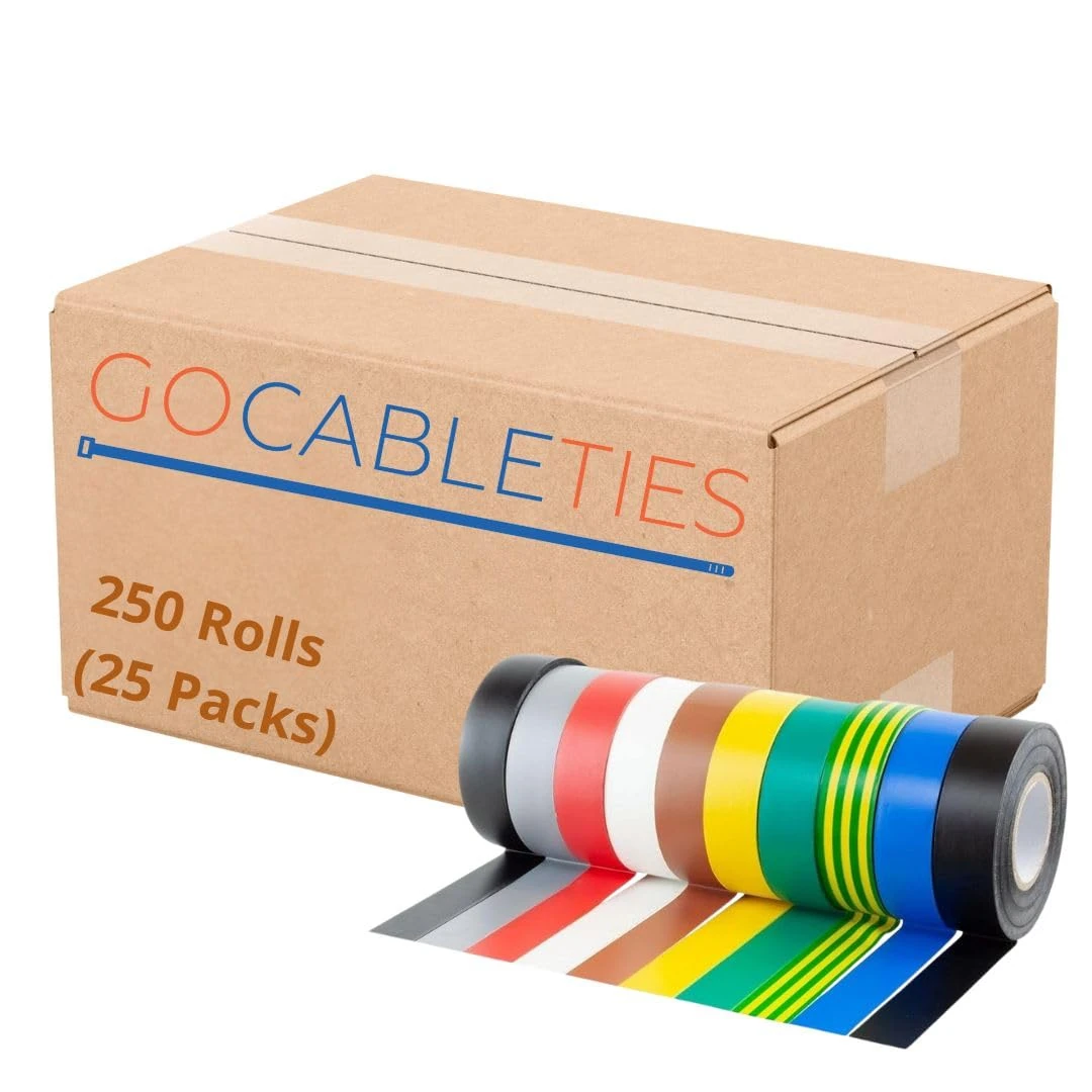 Gocableties 250 Rolls (25 Packs) Multi Pack of PVC Electrical Insulation Tape, 20m x 19mm, Premium Multi-colour Mixed