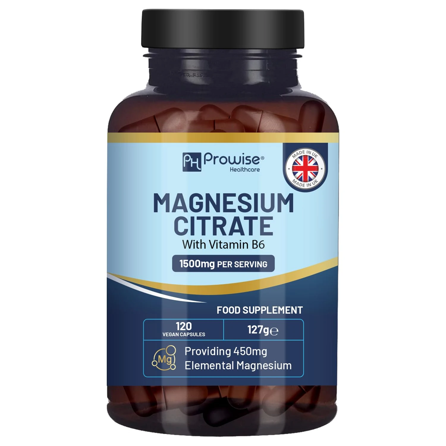 Magnesium Citrate Capsules 1500mg with Vitamin B6 | 120 Vegan Capsules | 450mg Elemental Mg | High Strength Magnesium Supplements for Women & Men | Capsule not Tablets | Made in UK by Prowise