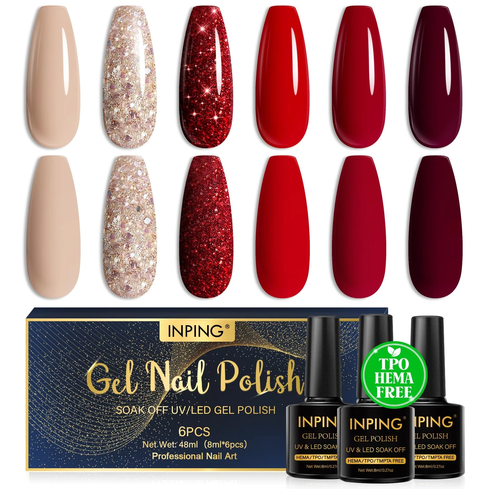 INPING Red Gel Nail Polish, HEMA/TPO/TMPTA-Free, 6 Colors Nude Gold Glitter Burgundy Dark Red Gel Nail Polishes Set Soak-Off UV/LED Gel Polish Gift for Girls Nail Art Varnish at Home, 8 ML