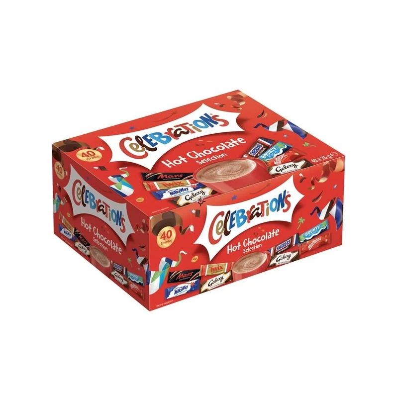 Celebrations Hot Chocolate Sachets 40 x 25g | Bulk Hot Chocolate Gift Set Featuring Galaxy, MilkyWay, Twix, Mars, Bounty, Maltesers, Snickers and Galaxy Caramel (Pack of 1)