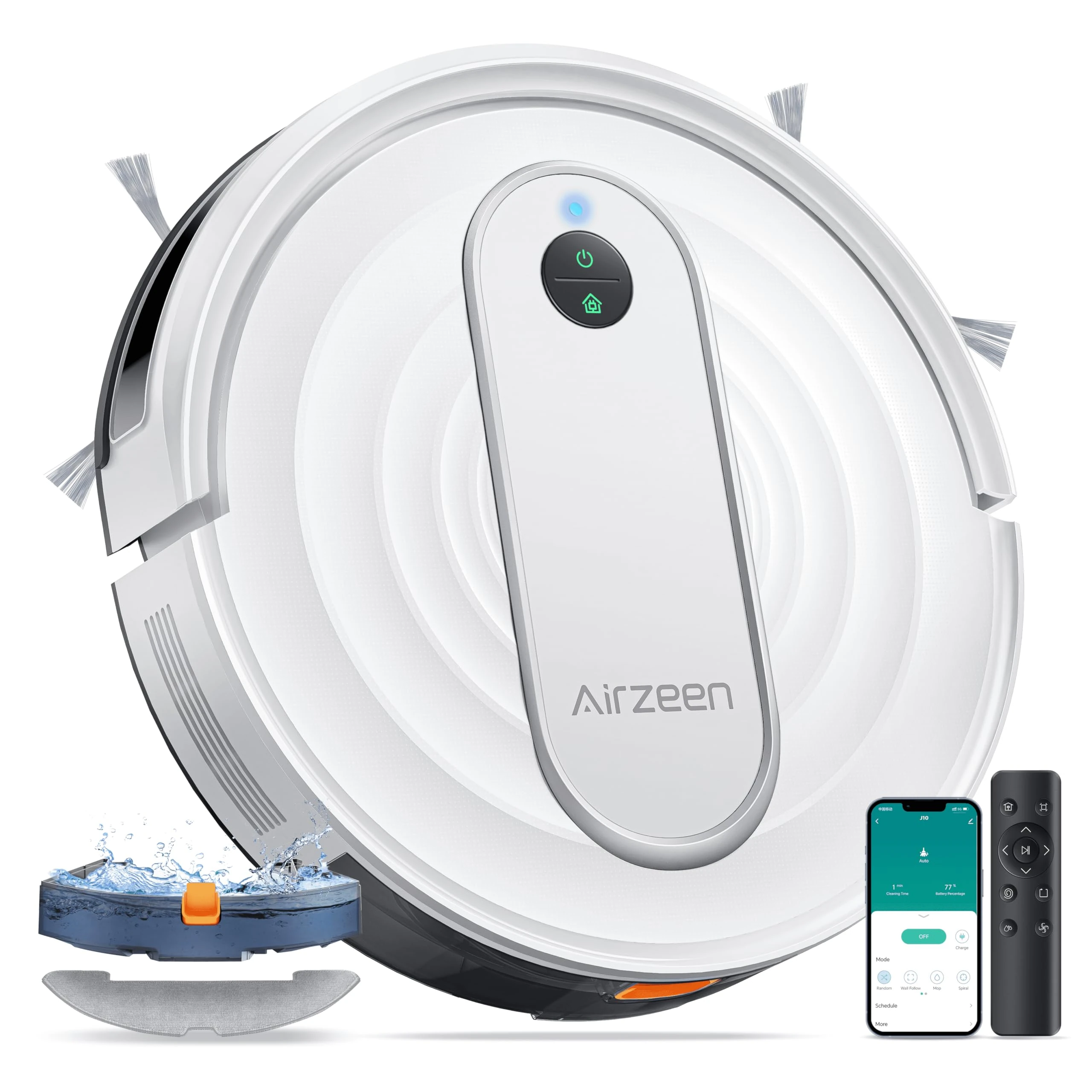Airzeen Robot Vacuum and Mop, 4 in 1 4000Pa Strong Suction Robotic Vacuums, Self-Charging, APP/Remote/Alexa Control for Home Pet Hair Hard Floor Carpet, Schedule, Quiet, J10