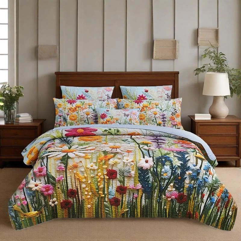 WHWODIDE Boho Floral Quilt Set King 3 Pcs Daisy Yellow Flower Pattern Bedspread Comforter Soft Lightweight Microfiber Bedding Set with 2 Pillow Shams for All Season (Daisy Yellow, King)
