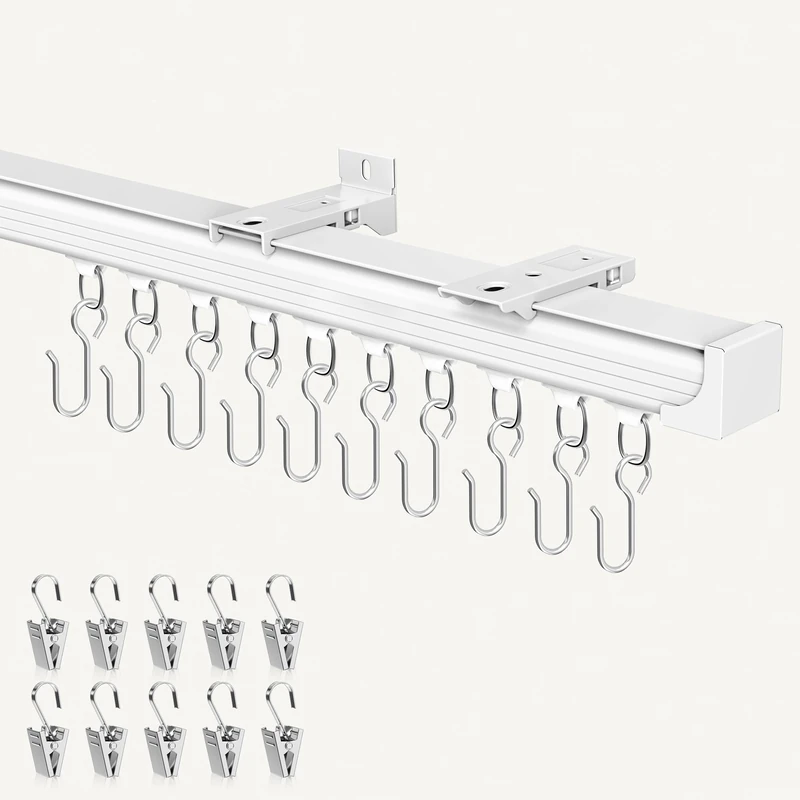 Hei! dear Curtain Track 12-15ft White – Adjustable Ceiling/Wall Mount, Heavy Duty Curtain Rail System with 50 Rollers, 50 Hooks & 50 Clips, Room Divider for Grommet/Pleated Curtains