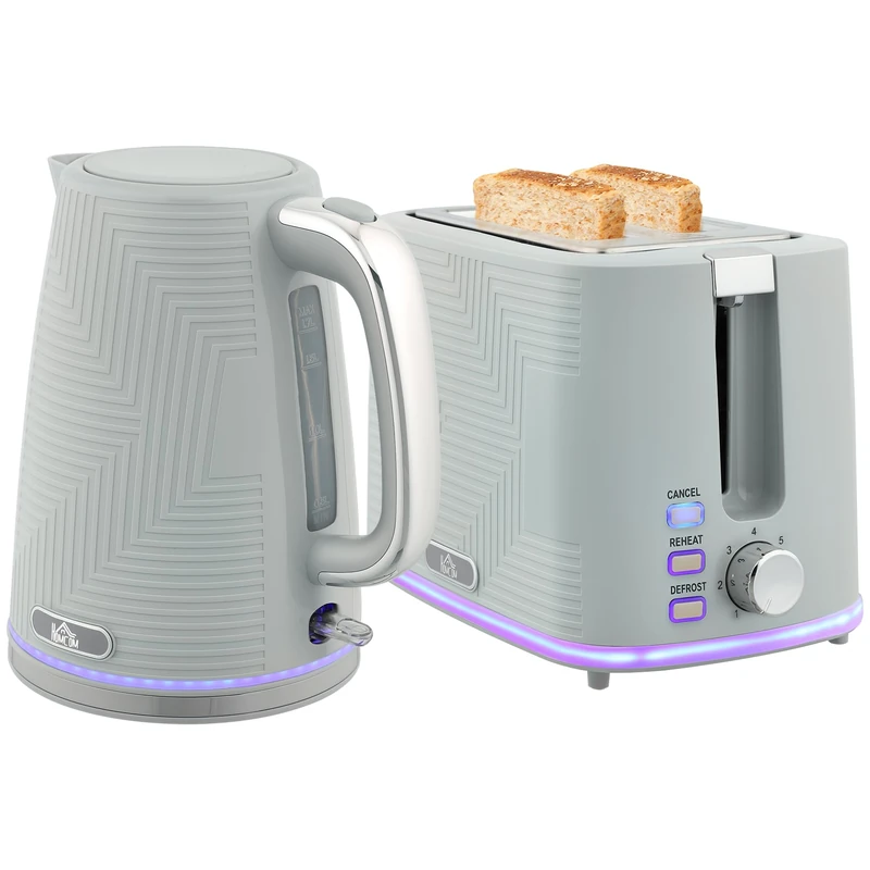 HOMCOM Kettle and Toaster Set, 1.7L 3000W Rapid Boil Jug Kettle with Otter Thermostat, Limescale Filter, 2 Slice Toaster with 7 Browning Controls, Crumb Tray, LED Strip, Grey - Image 1