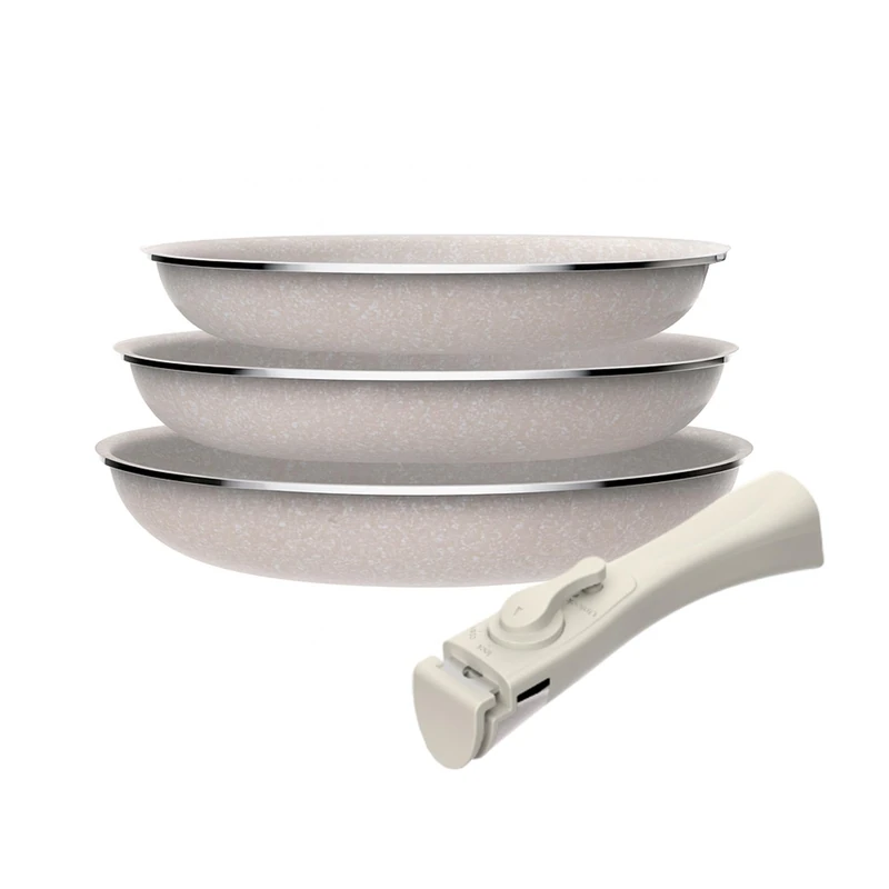 Set of 3 Frying Pans Ø18Ø20Ø24cm Pressed Aluminium, ILAG Non-Stick Coating, Removable Handle, Induction Safe, PFOA Free, Dishwasher and Oven Safe
