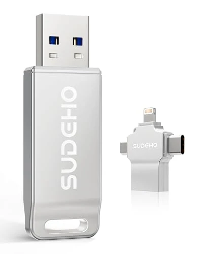 MFi Certified Photo Stick 128GB USB Flash Drive for iPhone, 4 in 1 External Memory Thumb Drive for Picture Video Saver and Backup, High Speed Memory Stick USB Drive for iPhone/iPad/Android/PC (Silver)