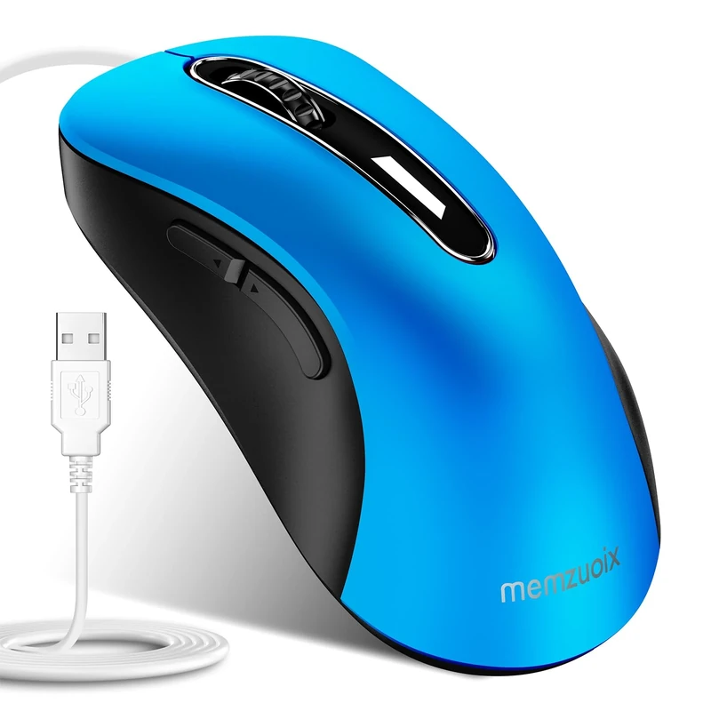 memzuoix Wired USB Mouse – 1400 DPI Optical,5-Button Ergonomic Wired Computer Mouse with 5FT Cable – For Laptop, PC, Mac – Blue