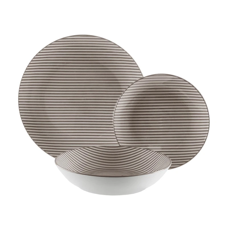 Versa 18-Piece Modern Striped Dinner Set, 3 x 26.5 x 26.5 cm, Porcelain, Grey