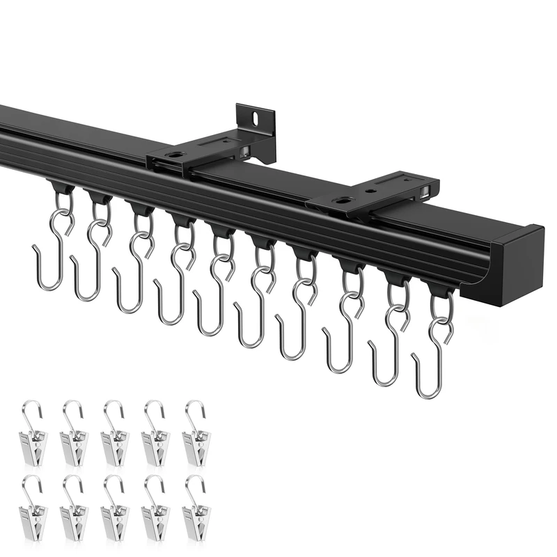 Ceiling Curtain Track 9–12 ft Black - Heavy Duty Ceiling/Wall Mount Curtain Rail/Rod System, 40 Quiet-Glide Rollers, 40 Hooks, 40 Clips, Room Divider for Living Room, Bathroom or Hospital