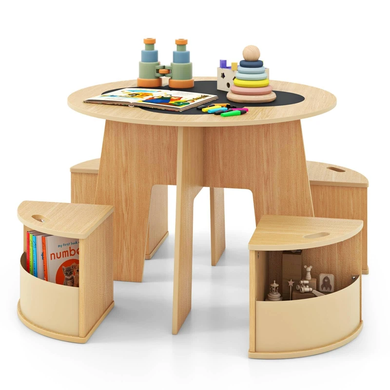 GYMAX Kids Table with 4 Chairs, Children Activity Desk with 4 Storage Stools and Chalkboard Tabletop, 5-Piece Wooden Toddler Round Table Set for 3+ Years Old Boys Girls, 70x70x49cm (Natural)