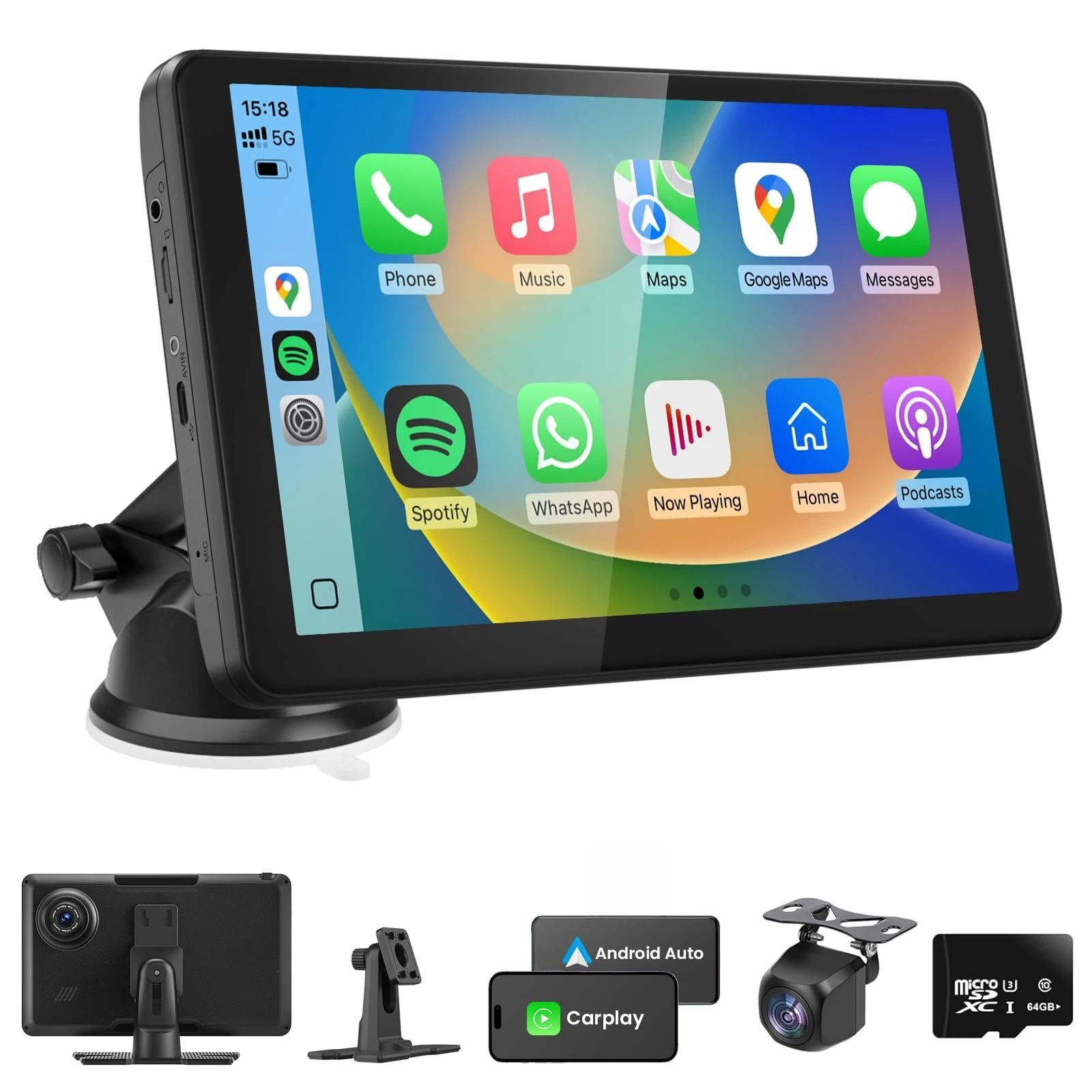 Wireless CarPlay & Android Auto Screen, 9 Inch Portable Car Stereo with 4K Dash Cam, Reversing Camera, Touch Screen, Bluetooth Hands-free Calling, GPS Navigation, Voice Control, Mirror Link, FM, AUX