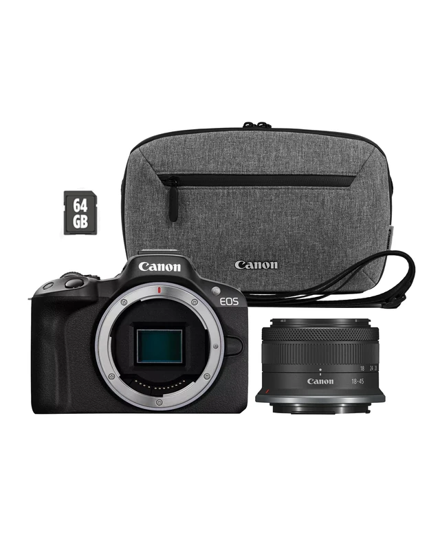 Canon EOS R50 Mirrorless Camera + RFS 18-45mm + CB-TS100 Bag and SD card Kit - APS-C, 4K Camera, WiFi, Bluetooth, Compact, Vlogging Camera for Beginners and Professionals