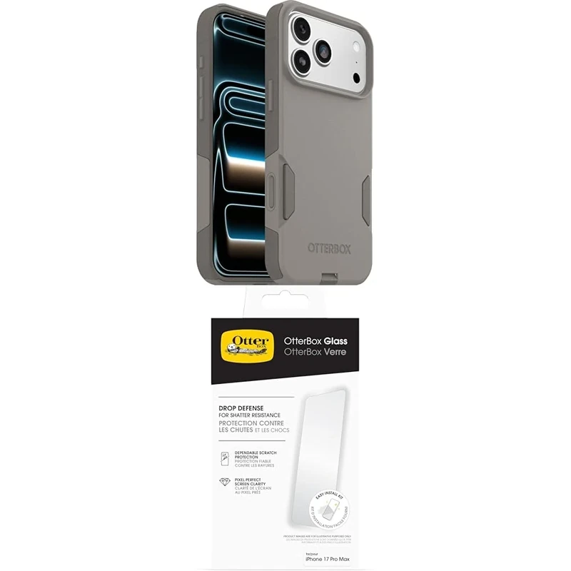 OtterBox Commuter Series MagSafe Case for iPhone 17 Pro Max, Protective Case, 3x Tested to Military Standard, Grey Glass Screen Protector for iPhone 17 Pro Max