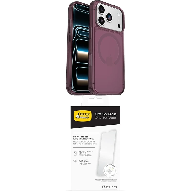 OtterBox Symmetry Series Clear MagSafe Case for iPhone 17 Pro, Protective Thin Case, 3x Tested to Military Standard, Pink Glass Screen Protector for iPhone 17 Pro