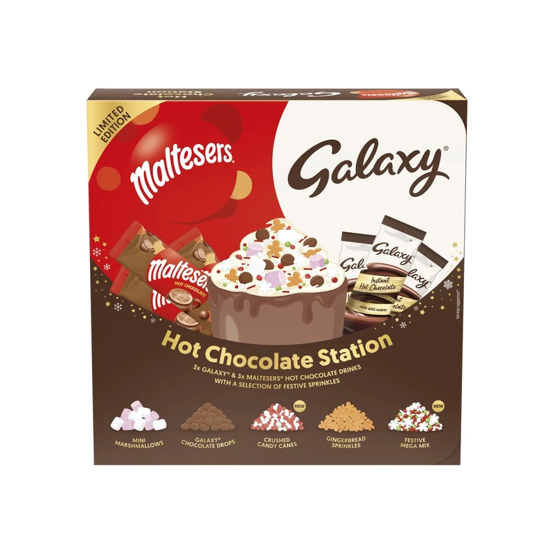 Maltesers & Galaxy Hot Chocolate Station | Xmas Chocolate Gift Set Featuring 6 Sachets & 5 Toppings | Create Your Own Hot Chocolate Experience | Pack of 1
