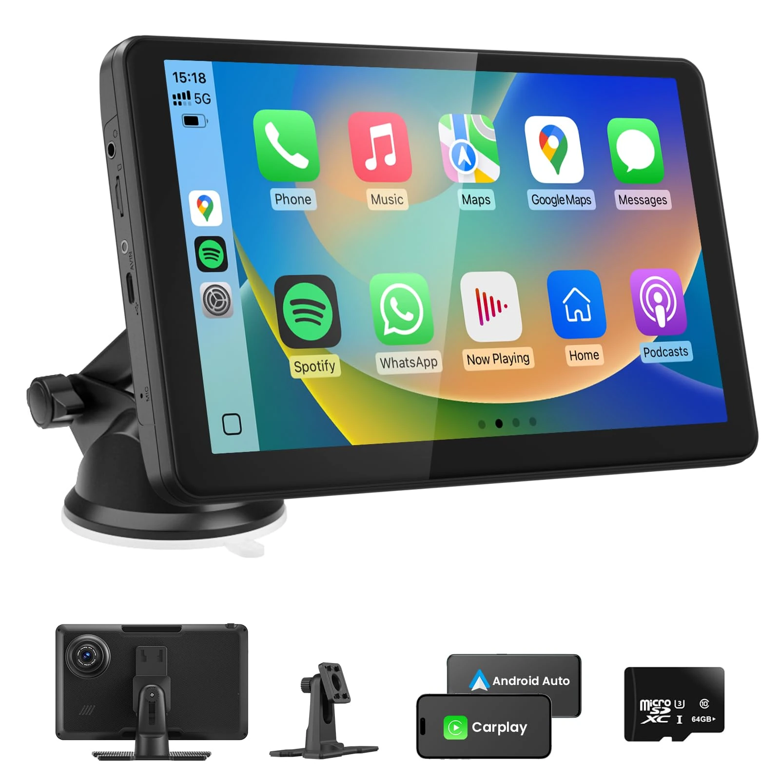 Wireless CarPlay & Android Auto Screen, 9 Inch Portable Car Stereo with 4K Dash Cam Loop Recording, Touch Screen, Bluetooth Hands-free Calling, GPS Navigation, Voice Control, Mirror Link, FM, AUX