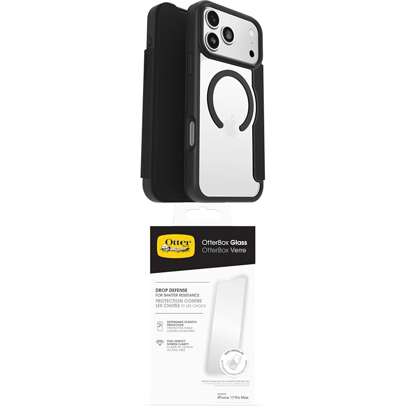OtterBox React Series Folio MagSafe Case for iPhone 17 Pro Max, Protective Folio with Card Holder, Tested to Military Standard, Black Glass Screen Protector for iPhone 17 Pro Max