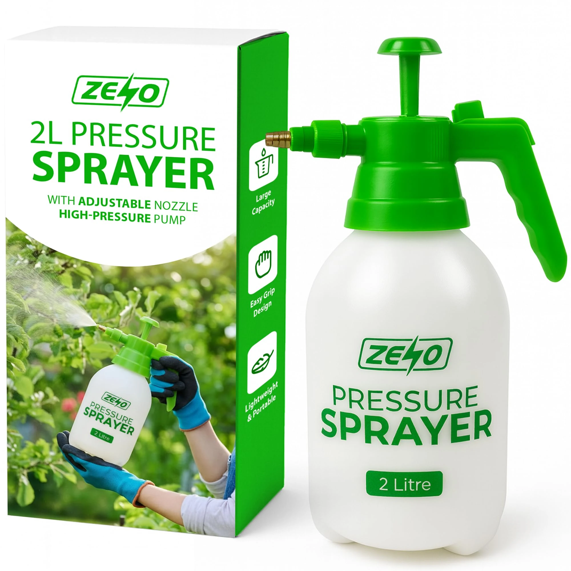 ZENO Garden Sprayer 2 Litre | Pressure Sprayer Pump for Weed Killer | Brass Adjustable Nozzle, Trigger Handle | Pump Spray Bottle for Gardening, Pesticides, Fertilisers, Cleaning