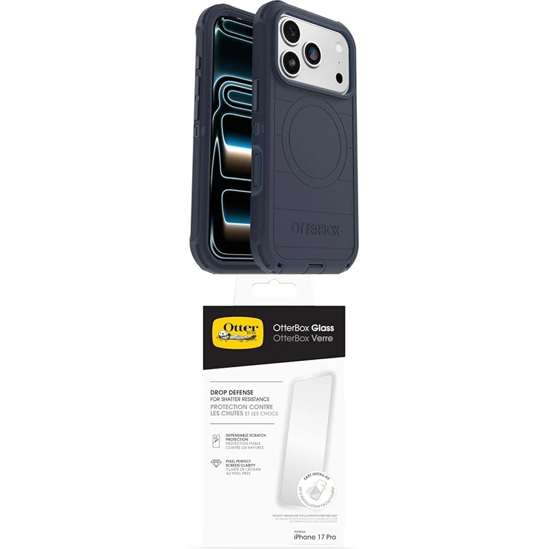OtterBox Defender Series Pro MagSafe Case for iPhone 17 Pro, Protective Case, 7x Tested to Military Standard, Blue Glass Screen Protector for iPhone 17 Pro