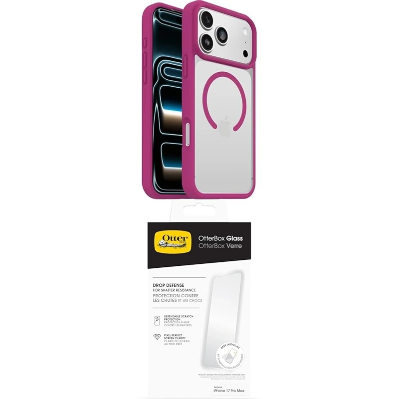 OtterBox React Series MagSafe Case for iPhone 17 Pro Max, Protective Thin Case, Tested to Military Standard, Clear/Pink Glass Screen Protector for iPhone 17 Pro Max