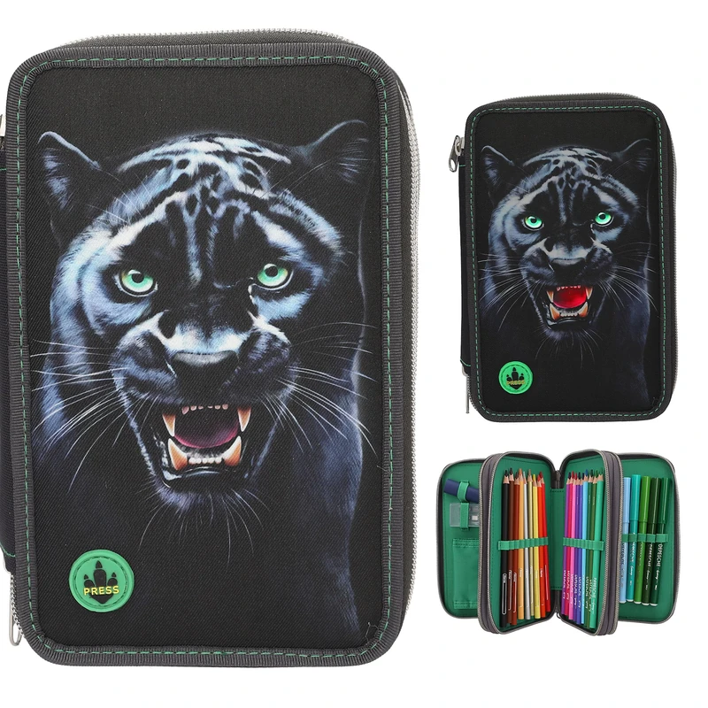 Depesche 13709 Adventure World Panther - filled 3-chamber pencil case in black, with leopard motif and LED light effects, pencil case with colored pencils, scissors - Image 1