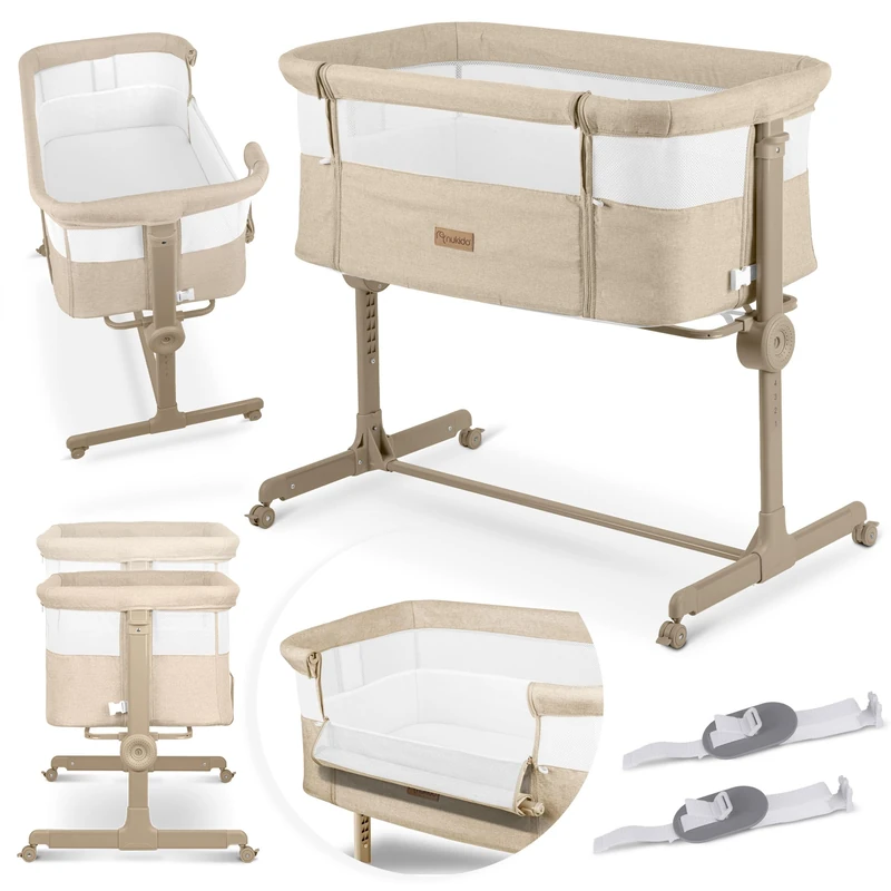 Nukido Baby Cot, Extra Bed, Travel Cot, Up to 9 kg 5 Months, with Mattress, Foldable, Wheels, Height Adjustable, Beige