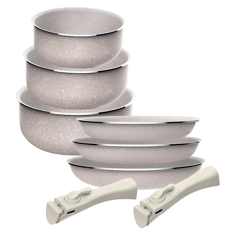 Set of 6 pcs: 3 Pans Ø18Ø20Ø24cm and 3 saucepans Ø16Ø18Ø20cm in Pressed Aluminium with ILAG Coating with 2 Removable Handles