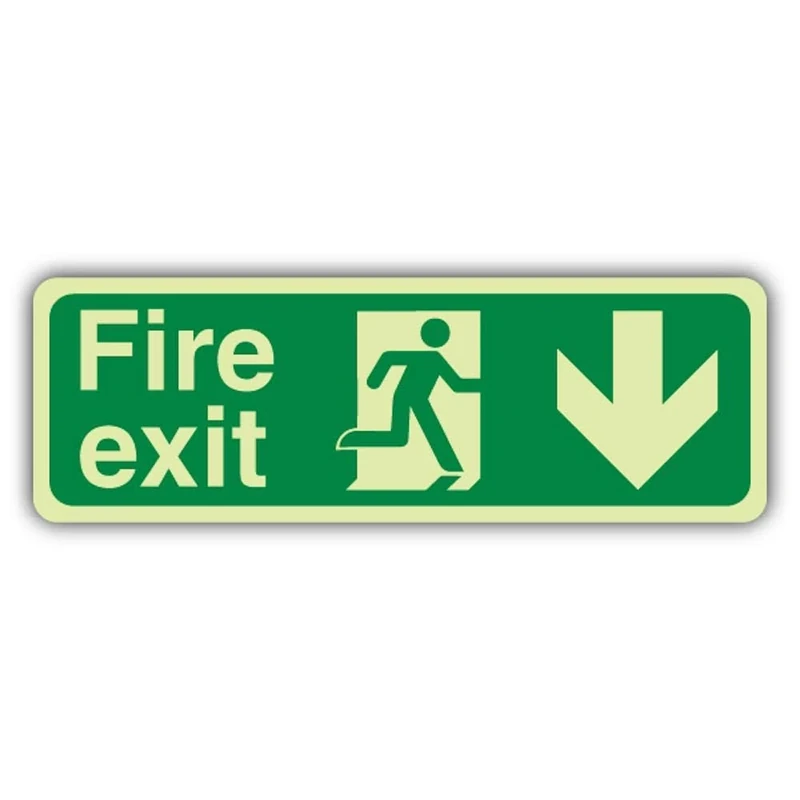V Safety Photoluminescent Fire Exit Arrow Down Safety Sign - 600 x 200 mm - 3mm Aluminium Composite - GloReflect