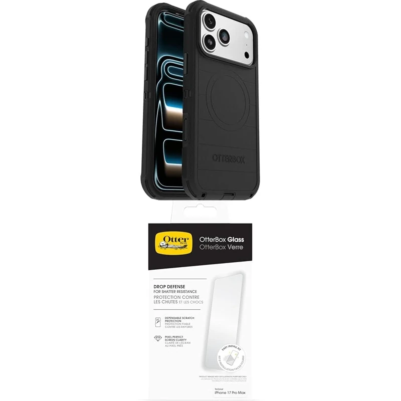 OtterBox Defender Series Pro MagSafe Case for iPhone 17 Pro Max, Protective Case, 7x Tested to Military Standard, Black Glass Screen Protector for iPhone 17 Pro Max