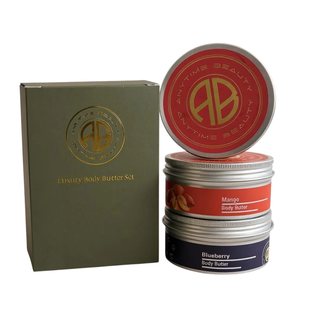 Anytime Beauty Luxury Body Butter Set – 3 x 180g Fruit Scented Moisturising Creams (Strawberry, Mango, Blueberry) – Rich Hydrating Body Lotion Skincare Gift Set, Vegan & Cruelty Free