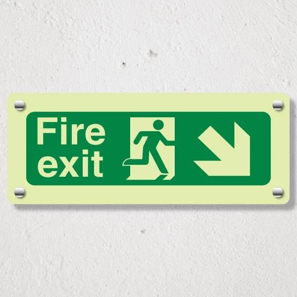 V Safety Photoluminescent Fire Exit Arrow Down Right Safety Sign - 600 x 200 mm - GloAcrylic