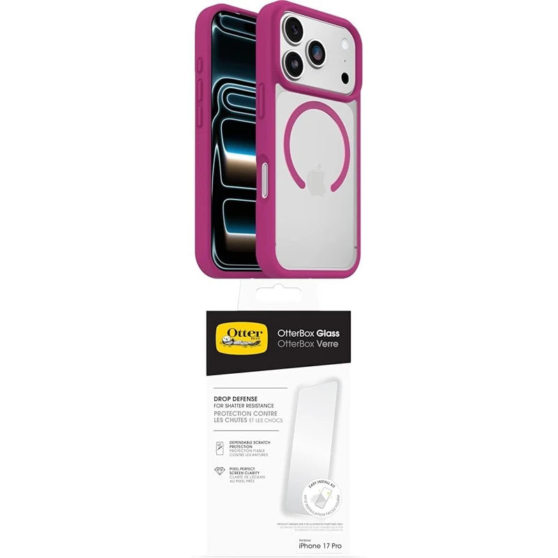 OtterBox React Series MagSafe Case for iPhone 17 Pro, Protective Thin Case, Tested to Military Standard, Clear/Pink Glass Screen Protector for iPhone 17 Pro