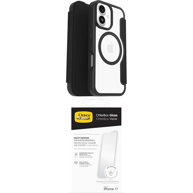OtterBox React Series Folio MagSafe Case for iPhone 17, Protective Folio with Card Holder, Tested to Military Standard, Black Glass Screen Protector for iPhone 17