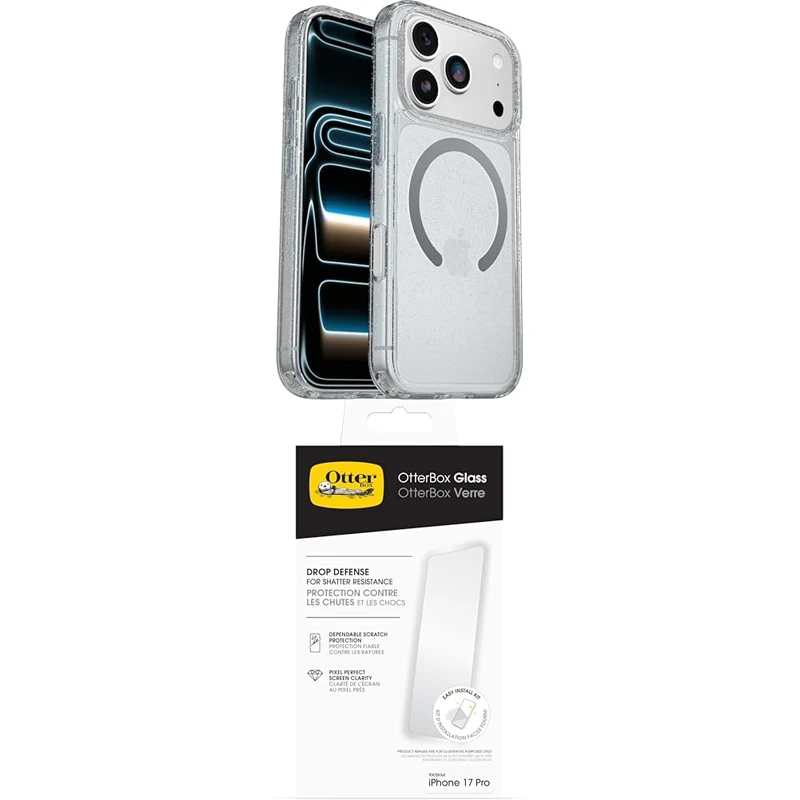 OtterBox Symmetry Series Clear MagSafe Case for iPhone 17 Pro, Protective Thin Case, 3x Tested to Military Standard, Stardust Glass Screen Protector for iPhone 17 Pro