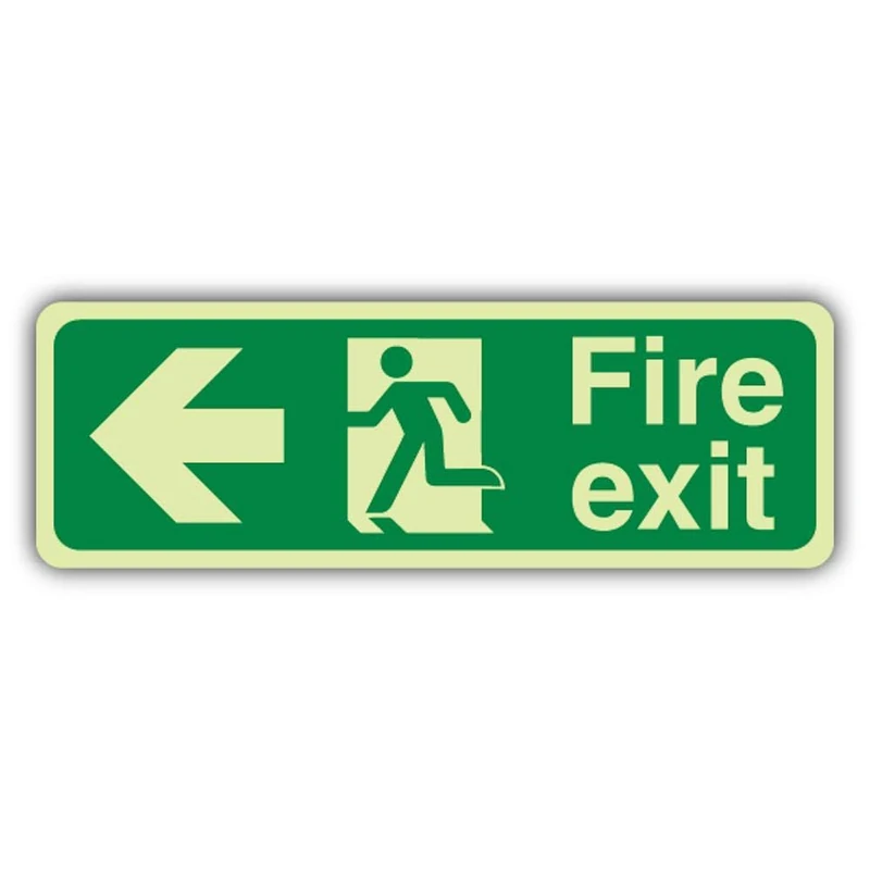 V Safety Photoluminescent Fire Exit Arrow Left Safety Sign - 600 x 200 mm - 1.2mm Rigid Plastic - GloReflect