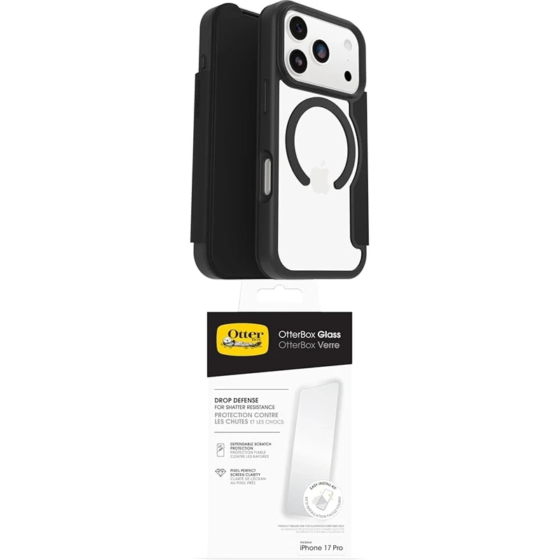 OtterBox React Series Folio MagSafe Case for iPhone 17 Pro, Protective Folio with Card Holder, Tested to Military Standard, Black Glass Screen Protector for iPhone 17 Pro