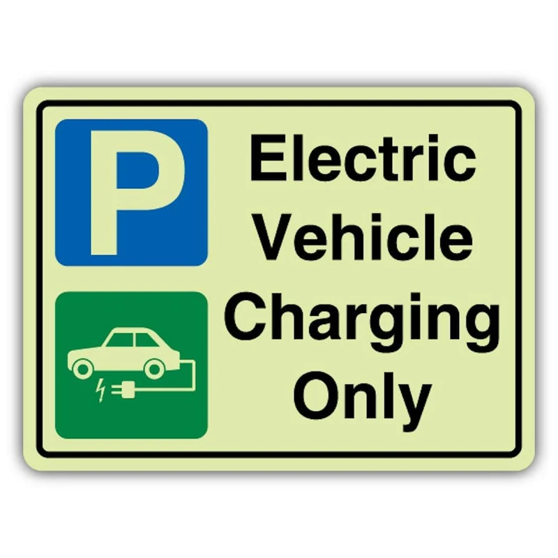 V Safety Photoluminescent Electric Vehicle Charging Only Safety Sign - 600 x 450 mm - 3mm Aluminium Composite - Standard Glow