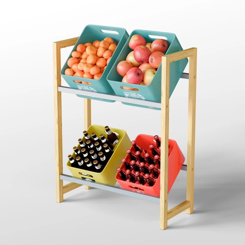 Björn&Schiller Beverage Crate Shelf - Stable Stand for Beer Crates, Beverage Crate Shelf, Shelf for 4 Beverage Crates, Non-Slip Bamboo and Iron Stand, Up to