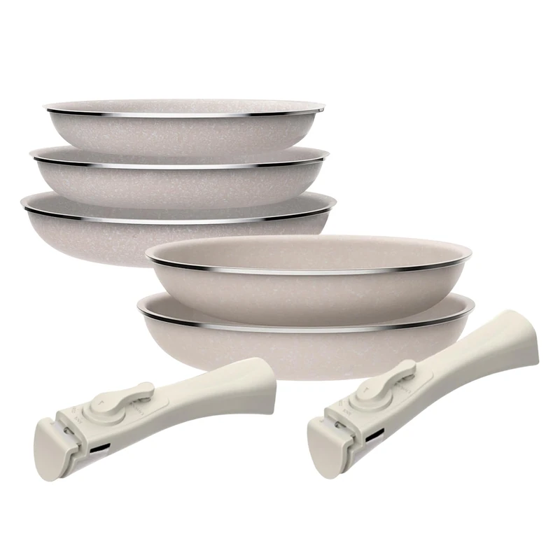 Set of 5 pcs: 5 Pans Ø18Ø20Ø24(x2) Ø28cm in Pressed Aluminium with ILAG Coating with 2 Removable Handles