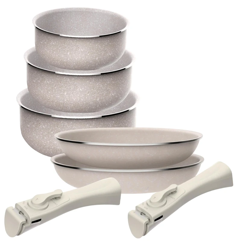 Set of 5 pcs: 2 Frying Pans Ø24Ø28cm and 3 saucepans Ø16Ø18Ø20cm in Pressed Aluminium with ILAG Coating with 2 Removable Handles