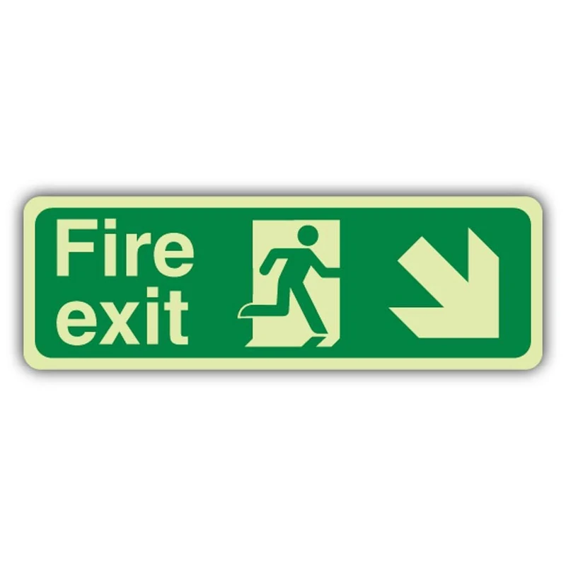 V Safety Photoluminescent Fire Exit Arrow Down Right Safety Sign - 600 x 200 mm - 3mm Aluminium Composite - GloReflect