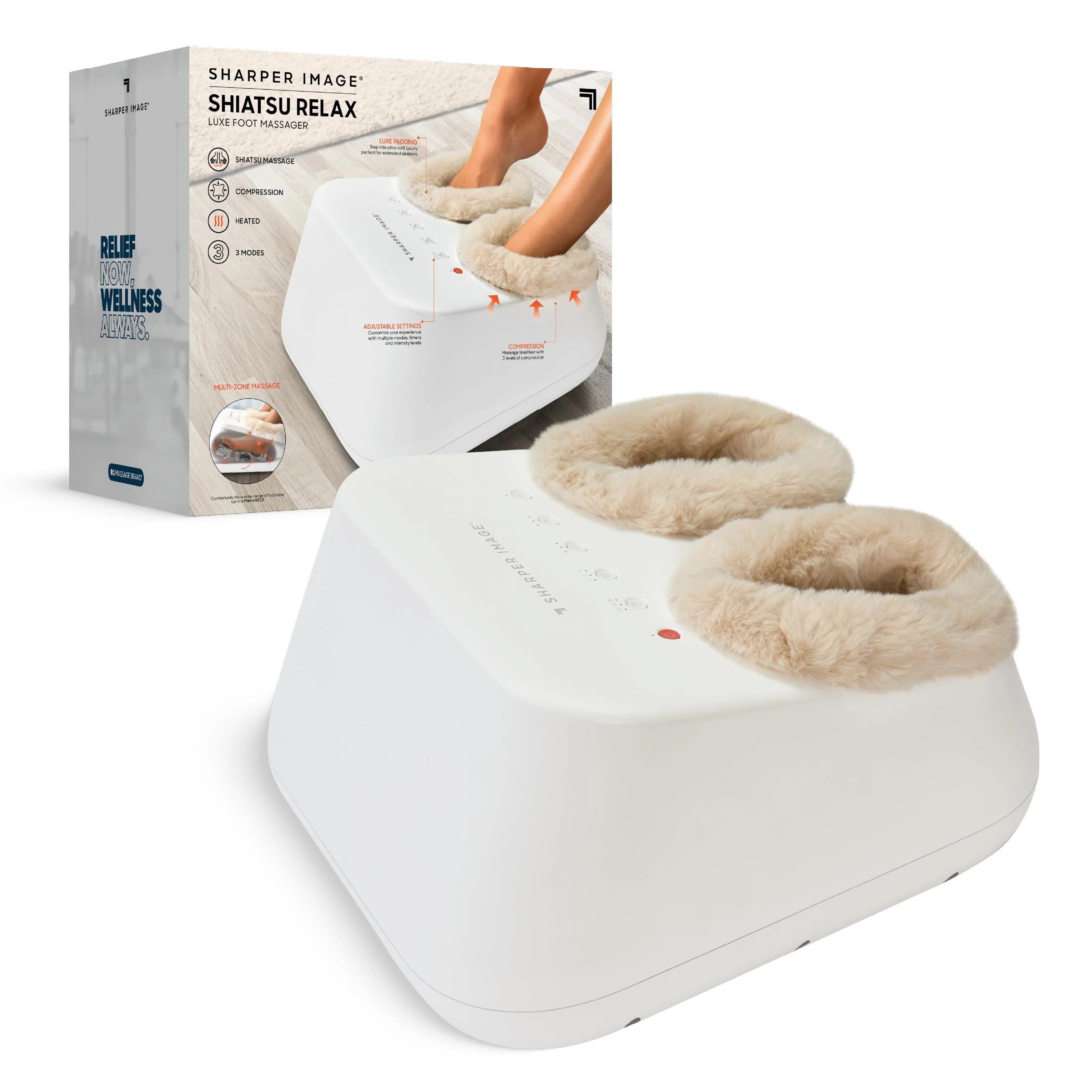 Sharper Image Shiatsu Relax Luxe Foot Massager - Multi-Zone Compression Therapy for Heels, Arches & Balls, 3 Modes, Intensity Levels & Timer Settings, Ultra-Soft Padding Foot Massager with Heat