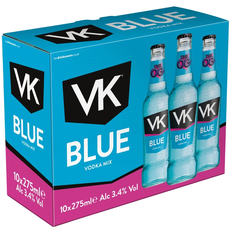 VK Blue Party Pack | 10 x 275ml Multipack |3.4% abv | Blue Alcopops | Sparkling Vodka Drink | Ready To Drink Alcoholic Mix | Mixed Berry | Party Drinks Pack | Pre-mixed